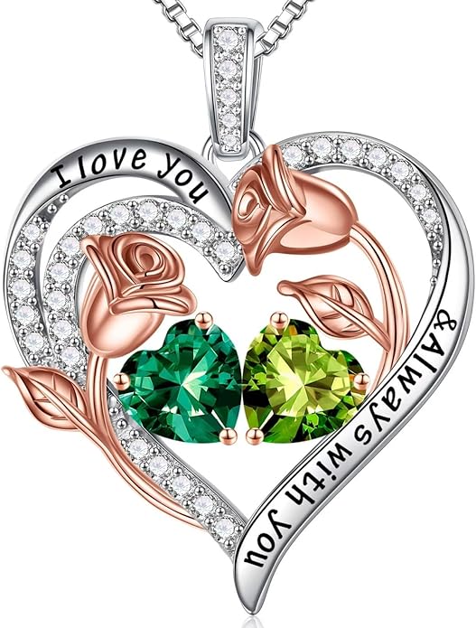 Iefil Christmas Gifts for Women Wife - 925 Sterling Silver Rose Heart Birthstone Necklace Birthday Anniversary Jewelry Gifts for Her Wife Mom Daughter