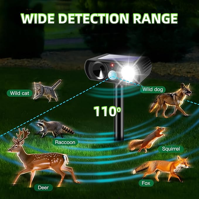 2025 Solar Ultrasonic Racoon Fortress Pro, Deer Cat Repellent Devices Animal Repeller Squirrel Rabbit Deterrent Outdoor with Motion Sensor&Flash Light to Scare Dog Skunk Out of Garden Farm Yard(4Pack)