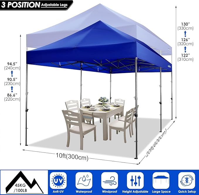 COBIZI 10x20 Heavy Duty Pop up Canopy Tent with 6 sidewalls Easy Up Commercial Outdoor Canopy Wedding Party Tents for Parties All Season Wind & Waterproof with Roller Bag,Navy Blue(Thickened)