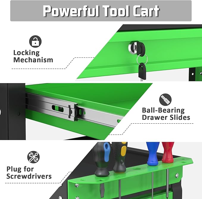 3 Tray Rolling Tool Cart, 400 LBS Capacity Mechanic Tool Carts on Wheels, Heavy Duty Utility Cart with Drawers, Metal Work Cart for Garage, Warehouse and Repair Shop, Blackgreen