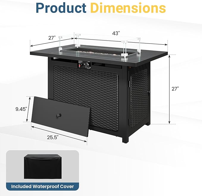 Black Propane Fire Pit Table, 50000 BTU Gas Fire Pits Table with Removable Lid and Lava Rock, Rectangular Fire Table with Cover, Ideal for Dining or Party on Patio, 43'', Garden, Yard