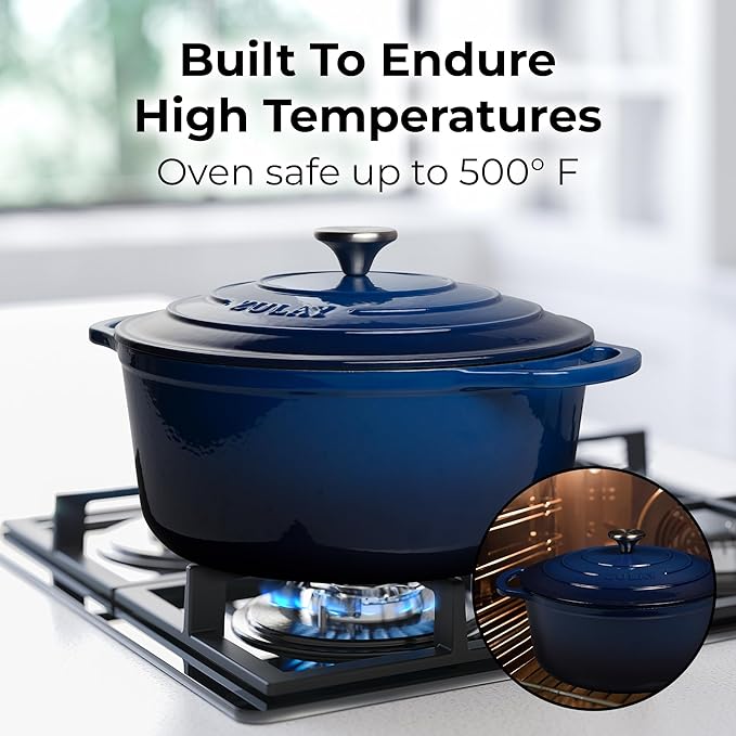 Zulay Kitchen 5 Quart Enameled Cast Iron Dutch Oven Pot with Lid – Premium Durability & Oven Safe up to 500°F – Heavy Duty Cookware Perfect for Bread Baking, Stews, Braising & Roasting – Blue