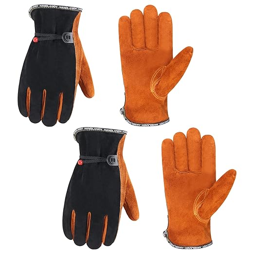 HANDLANDY HLDD 2 Pairs Leather Work Gloves for Men & Women – Cowhide Gardening Gloves, Thorn Proof, Cotton Lined, for Tig/Mig Welding, Construction, Chainsaw, Farm, Landscaping