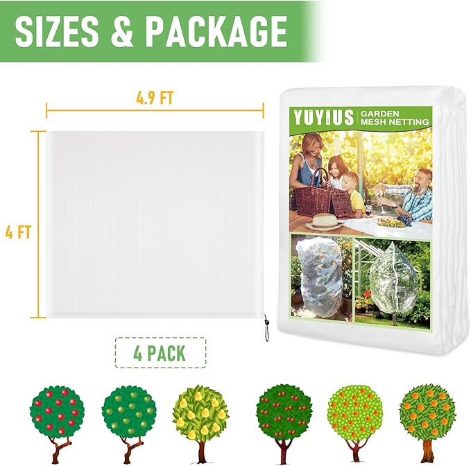 Fruit Tree Netting, Blueberry Bush Netting Cover for Garden Protection, 4Pcs 4x4.9 FT Garden Plant Netting Pest Barrier for Raised Beds for Strawberry, Tomato, Bug Mesh Net from Bird, Cicadas