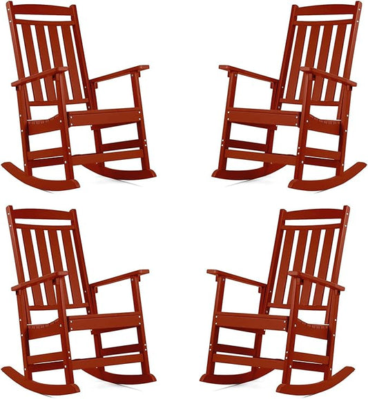 FOOWIN Outdoor Rocking Chair Set of 4, High Back Patio Rocking Chair, HDPE All Weather Resistant Porch Rocker for Adult, Oversized Rocking Chairs for Garden, Lawn, Indoor & Outdoor Use, Dark Red