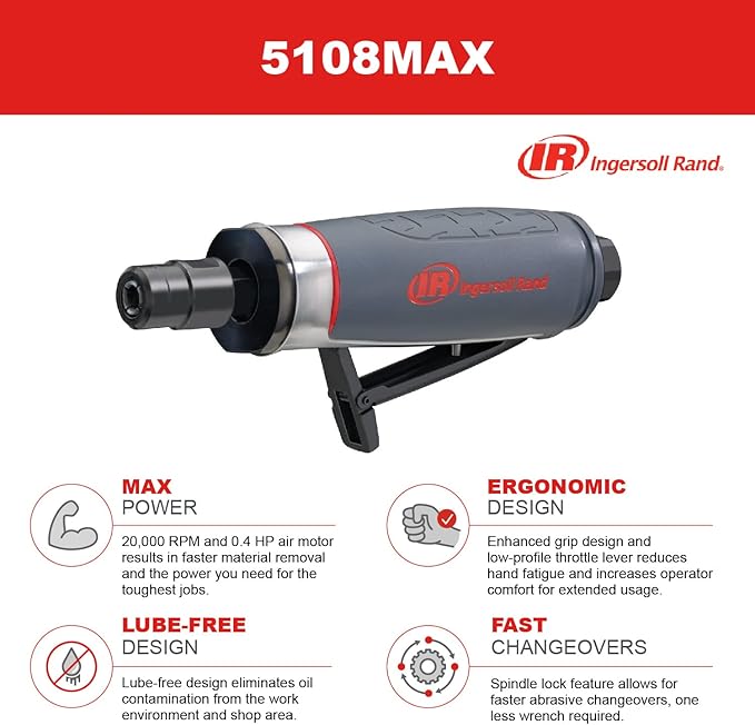 Ingersoll Rand 5108MAX Air Die Grinder, 25,000 RPM, 0.4 HP, 1/4" Collet, Rear Exhaust