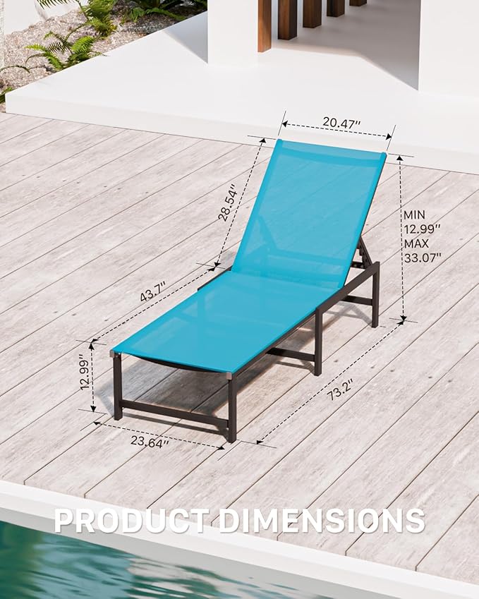 Chaise Lounge Chair Outdoor,Aluminum Patio Lounge Chairs Set of 2, Adjustable 5-Position Recliner and Full Flat Tanning Chair with Pillow for Pool, Outside,Beach,Blue