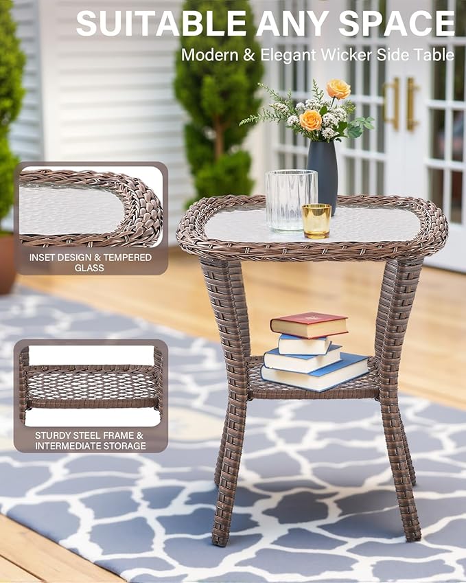 Belord Luxury 6-inch Thick Cushion Patio Furniture Set - Outdoor Swivel Rocker Glider Chairs Set of 4 with Glass Top Side Table, All-Weather Wicker Patio Conversation Set for Deck Balcony Sunroom