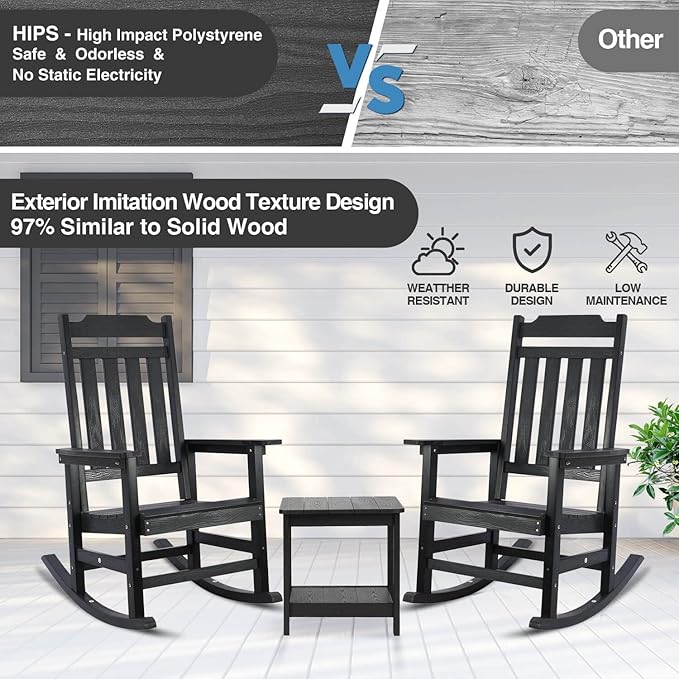 Rocking Chairs Set of 2, All Weather Resistant Poly Lumber Outdoor Porch Rocker, Rocking Chairs for Outdoor, Indoor, Patio, Deck, Garden, Backyard, Load Bearing 380 lbs - Black