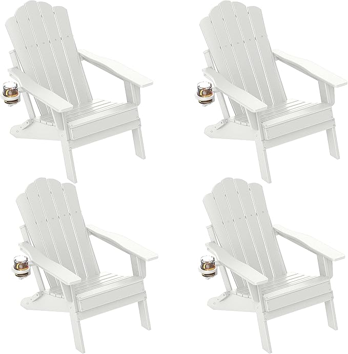 FOOWIN Adjustable Adirondack Chair, Folding Adirondack Chair with Cup Holder, HDPE All-Weather Fire Pit Chair with 3 Recline Positions, Suitable for Patio, Garden, Backyard, Poolside, Grey