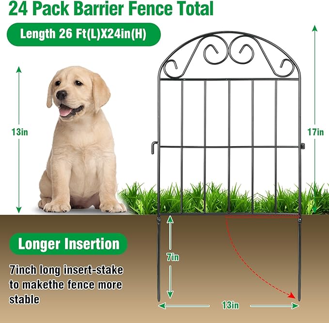 ADAVIN 24 Panels Collapsible Garden Fence Animal Barrier,26 Ft(L) x 24 in(H) Black Rustproof Metal Wire Panel Border for Dogs Rabbits, Flower Edging for Landscape Patio Yard Outdoor Decor, Arched