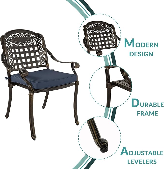 MEETWARM 3 Piece Patio Bistro Set, Outdoor All-Weather Cast Aluminum Dining Furniture Set Includes 2 Chairs with Cushions and a 35.4” Round Table with Umbrella Hole for Garden Deck, Navy Blue