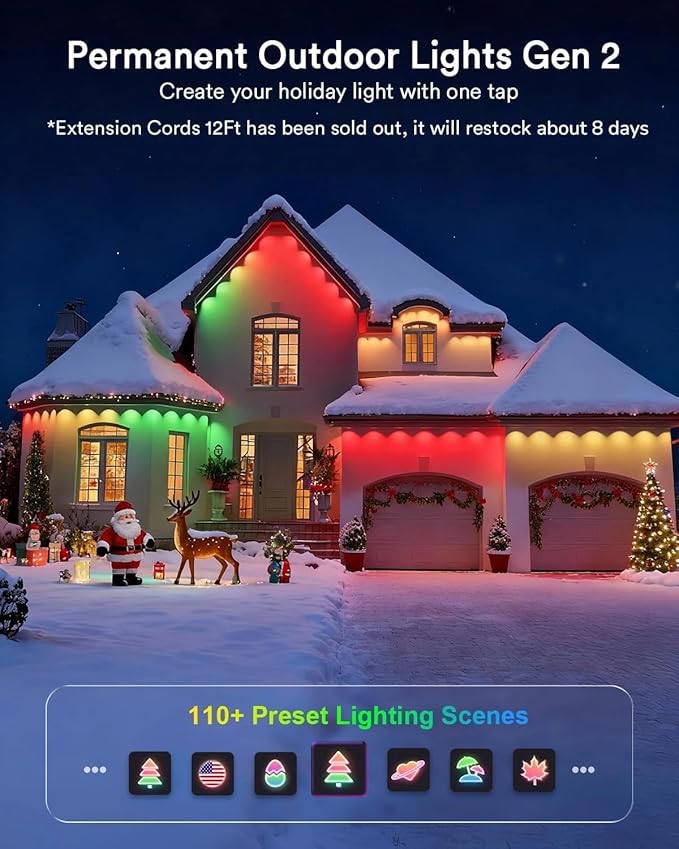 Lumary Permanent Outdoor Lights 2 with Remote, Slide Base, 150ft with 90 RGBAICW LEDs for Daily and Accent Lighting, 110+ Scenes for Christmas Decor, Work with Alexa Google, Black