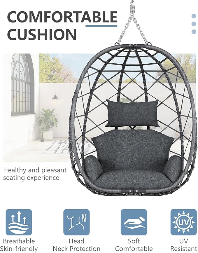 SWITTE Egg Swing Chair with Stand, Outdoor Patio Hanging Egg Chair, Indoor Hammock Chair with Cushion for Garden Backyard, 400LBS Capacity-Dark Grey