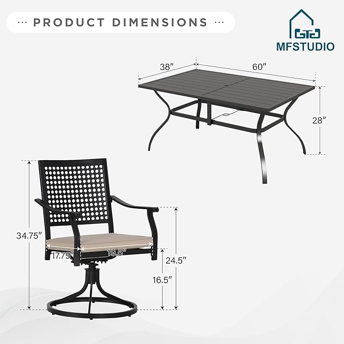 MFSTUDIO 7 Pieces Patio Dining Sets with 1 Large Rectangular Metal Table with Umbrella Hole and 6 Swivel Chairs (Cushion Included), Outdoor Furniture for 6, Black