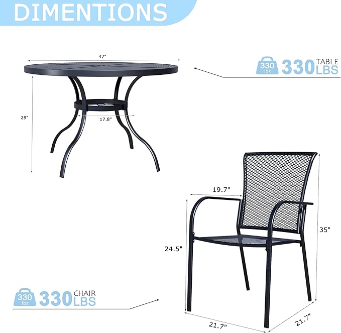 7 Piece Outdoor Dining Set, Patio Dining Set for 6, 47" Mesh Round Table with 6 Black Metal Mesh Outdoor Dining Chairs with Armrest for Lawn, Garden, or Porch