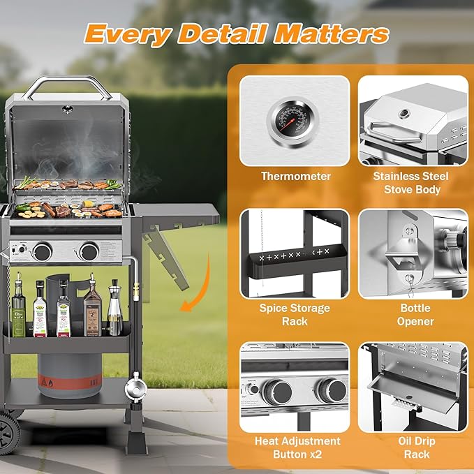 2 Burner BBQ Propane Gas Grill, Stainless Steel 16,000 BTU Patio Garden Barbecue Grill with Two Foldable Shelves, Gas Grill with Grates and Griddle Pan for Outdoor Cooking and BBQ