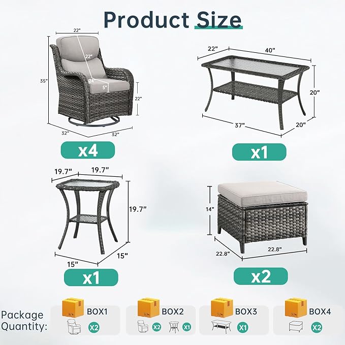 Outdoor Swivel Rocker Patio Chairs Set of 4 with Coffee Table - 5" Thick Cushion 8 Piece Furniture Set All Weather Comfortable Wicker Conversation Set for Porch Deck - Gray/Beige