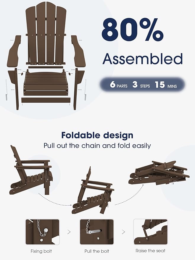 KINGYES Folding Adirondack Chair, HDPE All-Weather Patio Chairs, Wooden Textured Lawn Chair for Poolside, Backyard, Deck, Fire Pit, Coffee