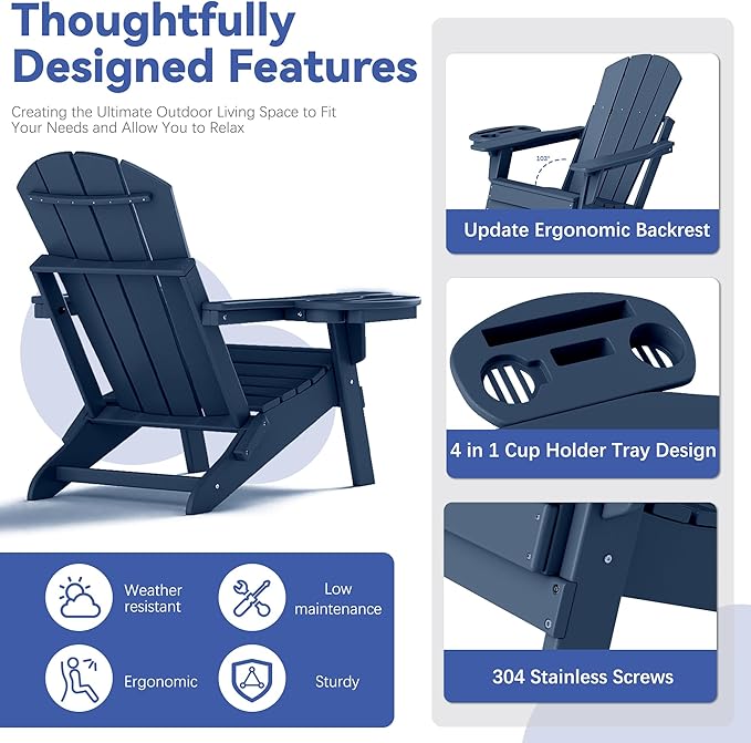 FOOWIN Folding Adjustable Adirondack Chair Set of 8,HDPE Adirondack Chair w/4 in 1 Cup Holder Trays,All-Weather Resistant Fire Pit Chair, Outdoor Chair for Patio Lawn Poolside,400lbs,Navy Blue