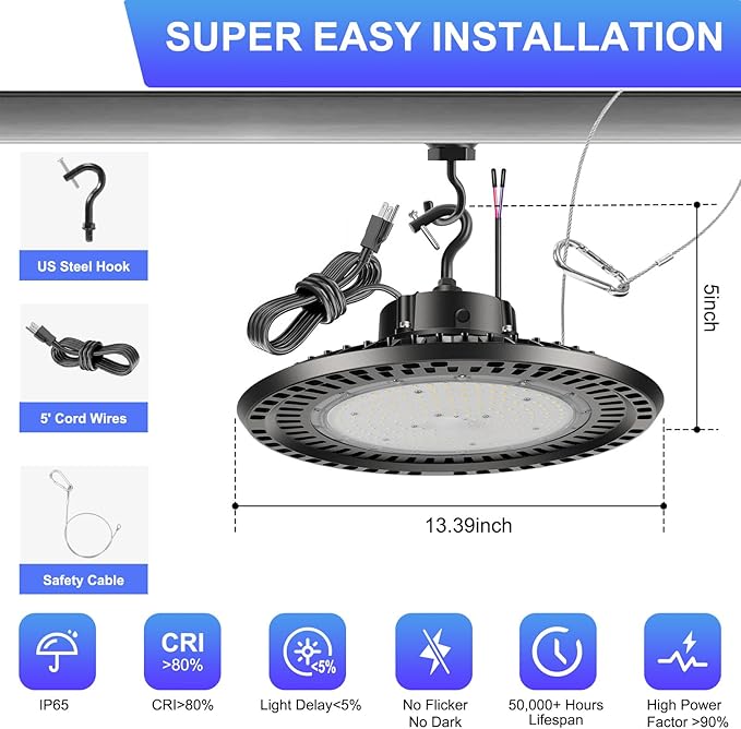 High Bay LED Shop Lights 240W UFO LED High Bay Light 5000K 36000LM 0-10V Dimmable 1000W HID/HPS Replacement with 5' US Plug IP65 Hanging Hook UFO Lights for Shop Warehouse Garage Workshop