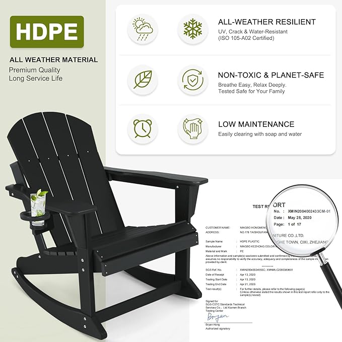 Outdoor Rocking Chair, HDPE Poly All-Weather Patio Rocking Chairs with Cup Holder for Adults, Porch Rocker for Deck Patio Balcony, 440lbs, Black