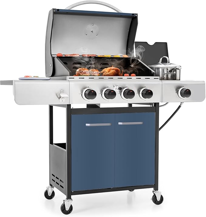 MFSTUDIO 4 Burner BBQ Gas Grill with Side Burner, Propane Grills with Porcelain-Enameled Cast Iron Grates, Durable Stainless Steel frame for Outdoor and Patio Backyard Barbecue Cooking, Blue