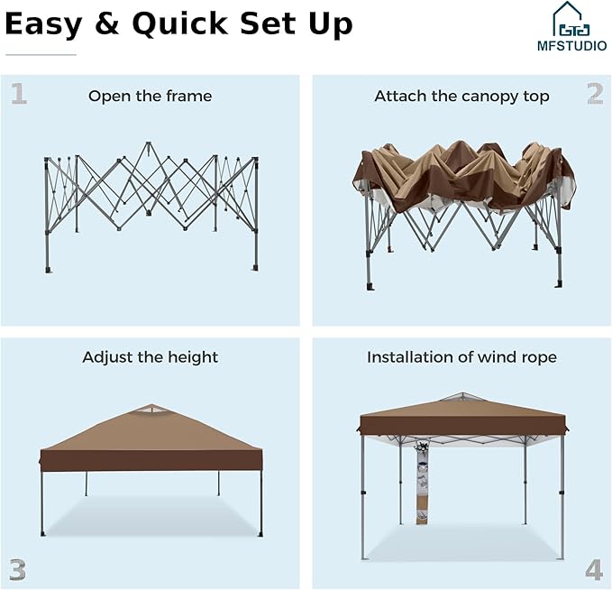 MFSTUDIO Pop Up Canopy Tent, 10x10 Outdoor Canopies Instant Portable Shelter Tens with Vented Top, Storage, 4 Sandbags, Beach Canopy