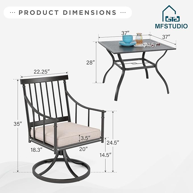 MFSTUDIO 5 Piece Metal Patio Dining Set, Outdoor Furniture Set with 4 Swivel Chairs Chairs and 37" Square Dining Table - Umbrella Hole 1.57"