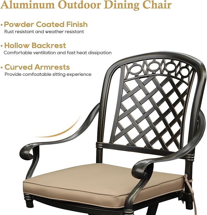 2 Piece Cast Aluminum Outdoor Swivel Dining Chairs, All-Weather Patio Swivel Rocker Chair Sets with Cushion for Garden, Backyard, Poolside, Bistro (Khaki, 2 Pieces)