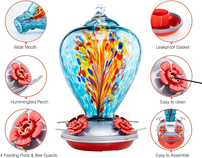 Muse Garden Gifts for Women Glass Hummingbird Feeder for Outdoors Hanging, Birthday Mother‘s Day Christmas Valentine Hummingbird Gifts for Women Mom, Ant Moat Included, 2 Pack, Peacock and Comet