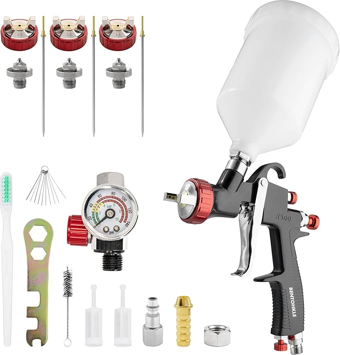 R500 LVLP Air Spray Gun Car Paint Gun Sprayer with 1.3/1.7/2.0mm Nozzles & Air Regulator, Professional Paint Guns Automotive Paint Gun for Car, Houses, Furniture, Varnish and Top Coat