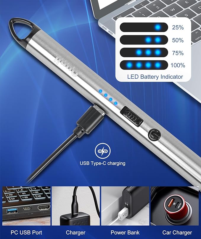 Ounil Electric Lighter Candle lighters USB Rechargeable Type-C Windproof Flameless arc Lighter LED Battery Display, Suitable for Light Candle Firework BBQ Camping (Silver
