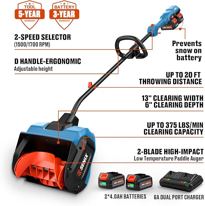 SENIX 2X2 40V Max Cordless Snow Shovel, 13" Width, 6" Depth, 20Ft Max Throw Distance,Variable Speed, Plows 375lbs/Min, 8000mAh Batteries and Charger