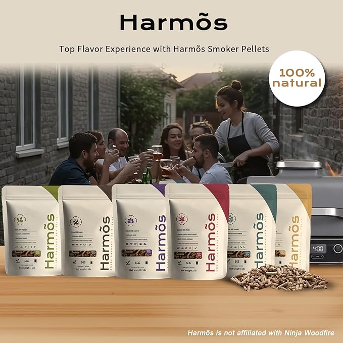 Harmos 4-Wood Pellets Variety Pack, 6 Flavors - All-Natural BBQ Pellets for Ninja Woodfire Grill & Outdoor Cooking, Resealable Bags, 6 Packs