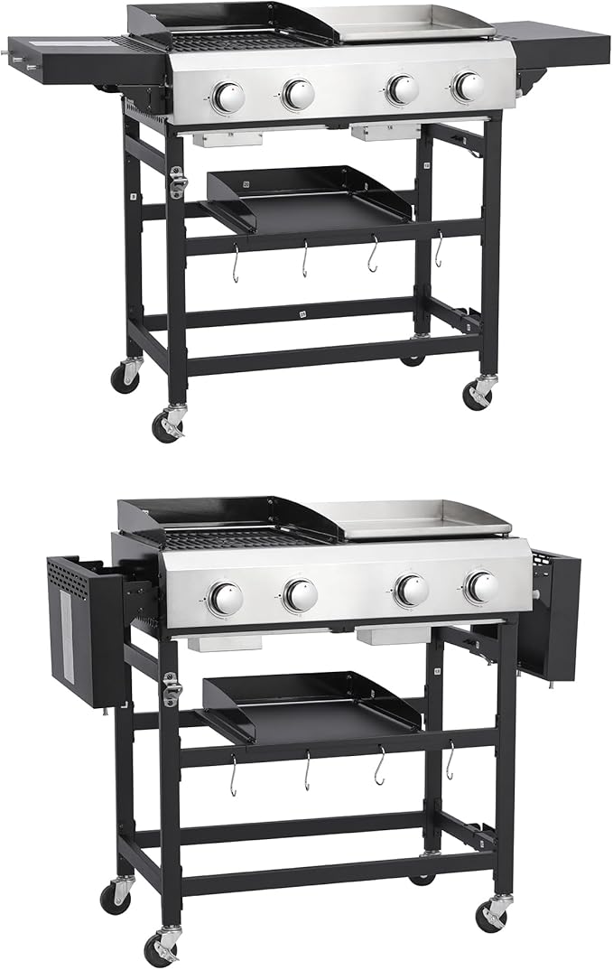 4-Burner Propane Gas BBQ Grill with Stainless Steel Plancha, 38240 BTU Output Stainless Steel Gas Grill w/Cast Iron Grating Mesh, & Foldable Side Table, Hanging Basket for Outdoor & Garden