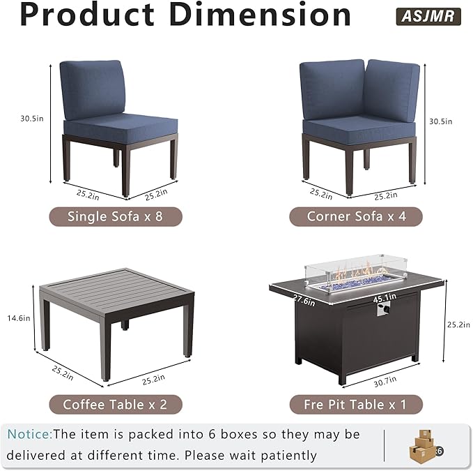 Patio Furniture Set,15 Pieces Modern Outdoor Conversation Set w/43in Gas Fire Pit Table, Outdoor Metal Sectional Sofa with 55000 BTU Propane Fire Pit