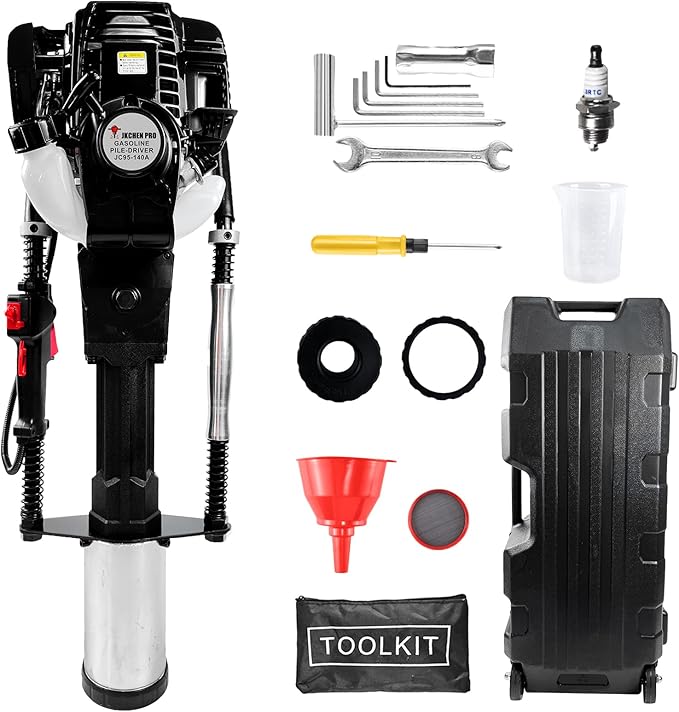 Gas Powered 4 Stroke T Post Driver Hammer Drills, 37.7CC Gasoline Engine Pile Driver, Gasoline Petrol Garden Fencing Tool Machine with 3 Post Driving Head, 49mm, 69mm, 100mm