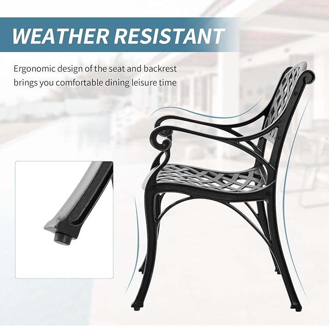 Cast Aluminum Patio Chairs - Outdoor Patio Furniture, Metal Bistro Chairs Set of 2 with Armrest, All Weather Patio Dining Chairs for Garden, Yard, Black