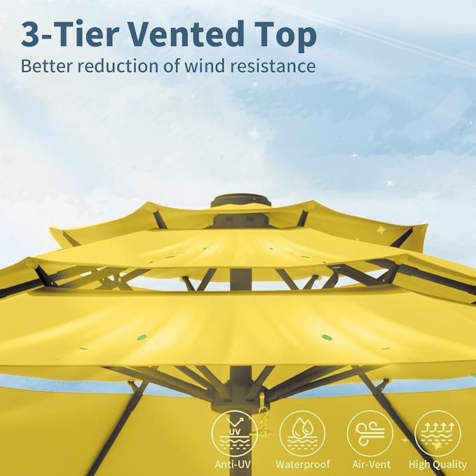 9FT 3 Tiers Patio Umbrella With Auto Tilt and Crank, Outdoor Table Market Umbrella with 8 Sturdy Ribs for Garden,Lawn,Deck,Backyard and Pool,Yellow