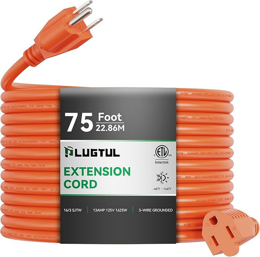 Outdoor Extension Cord 75 FT Waterproof, 16/3 Gauge Heavy Duty 3 Prong Extension Cord, 13A 1625W SJTW, ETL Listed, Great for Garden and Home, Orange