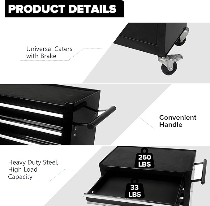 4 Drawers Tool Cart on Wheels,Rolling Tool Box Tool Storage， Drawers Rolling Tool Box Organizer Tool Case for Garage, Warehouse, Workshop, Repair Shop (4 Drawers(Black))