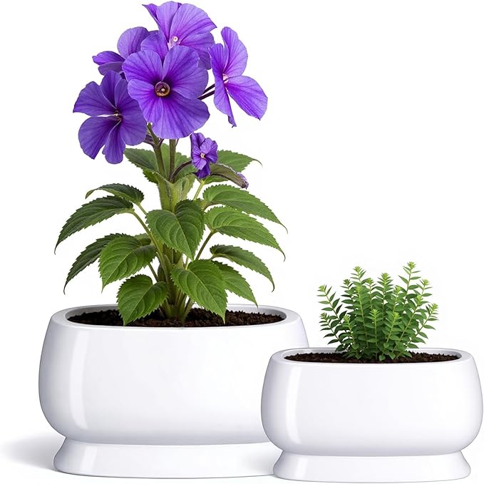 OXART Ceramic Plant pots Indoor Pots Set with Drainage Holes, 12+9 inch Flower Pot Rectangle Planters Pots for Plants for Plants Lilies, Cacti, Succulents, and Pothos, No Trays (White-3)