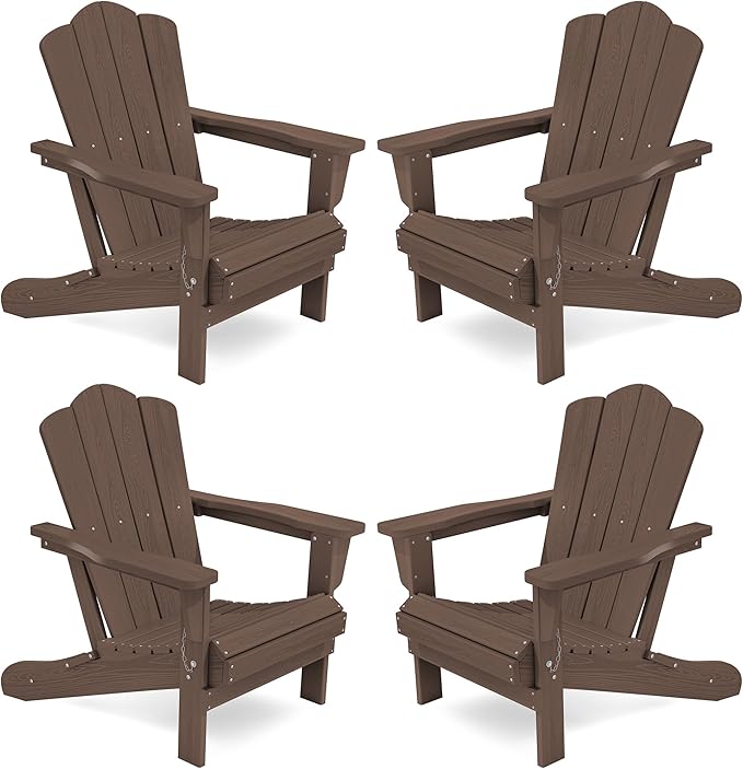 KINGYES Folding Adirondack Chair Set of 4, HDPE All-Weather Folding Adirondack Chair, Brown