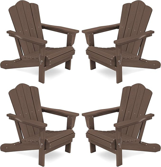 KINGYES Folding Adirondack Chair Set of 4, HDPE All-Weather Folding Adirondack Chair, Brown
