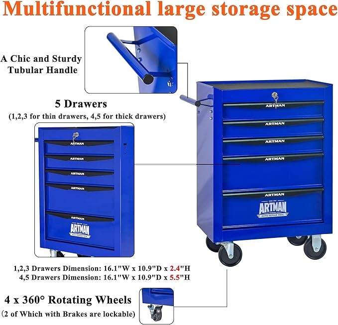 5 Drawers Tool Cart on Wheels, Multifunctional Rolling Tool Box, Drawers Rolling Trolley Organizer Tools Storage Chest for Warehouse,Garage,Workshop,Repair Shop (5 Drawers-30.5" H)