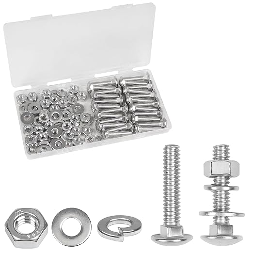 Yinpecly 24 Sets 1/4-20 x 1-1/4" Carriage Bolts Screws, 304 Stainless Steel Round Head Square Neck Carriage Bolts and Nuts Kit, with Flat & Lock Washers, Full Thread Coverage