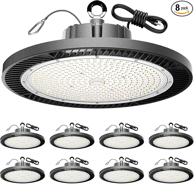 Super Bright 200W UFO LED High Bay Lights 30000Lm 5000K Daylight AC100-277V Play& Plug&5ft Cable High Bay LED Shop Lights for Warehouse Workshop Gym Garage Barn 8 Pack