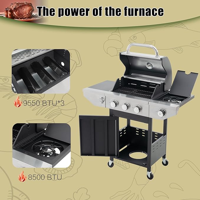 Propane Grill 3 Burner Barbecue Grill Stainless Steel Gas Grill with Side Burner, 37,000 BTU Outdoor Cooking, Patio, Garden Barbecue Grill, Black and Silver