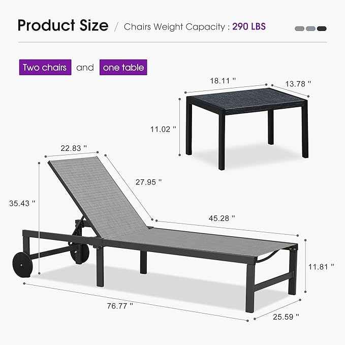 PURPLE LEAF Outdoor Chaise Lounge Chairs Set Adjustable Recliner Chair with Wheels and Table for Poolside Beach Patio Aluminum Reclining Sunbathing Lounger Mixed Grey